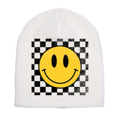 Retro Happy Face 70s Distressed Checkered Pattern Smile Face Short Acrylic Beanie