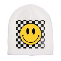 Retro Happy Face 70s Distressed Checkered Pattern Smile Face Short Acrylic Beanie