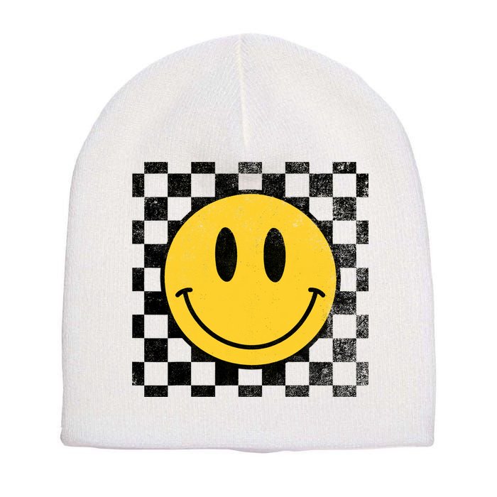 Retro Happy Face 70s Distressed Checkered Pattern Smile Face Short Acrylic Beanie