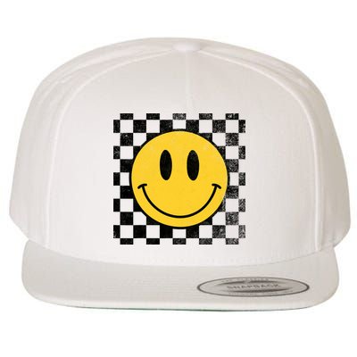 Retro Happy Face 70s Distressed Checkered Pattern Smile Face Wool Snapback Cap