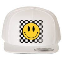Retro Happy Face 70s Distressed Checkered Pattern Smile Face Wool Snapback Cap