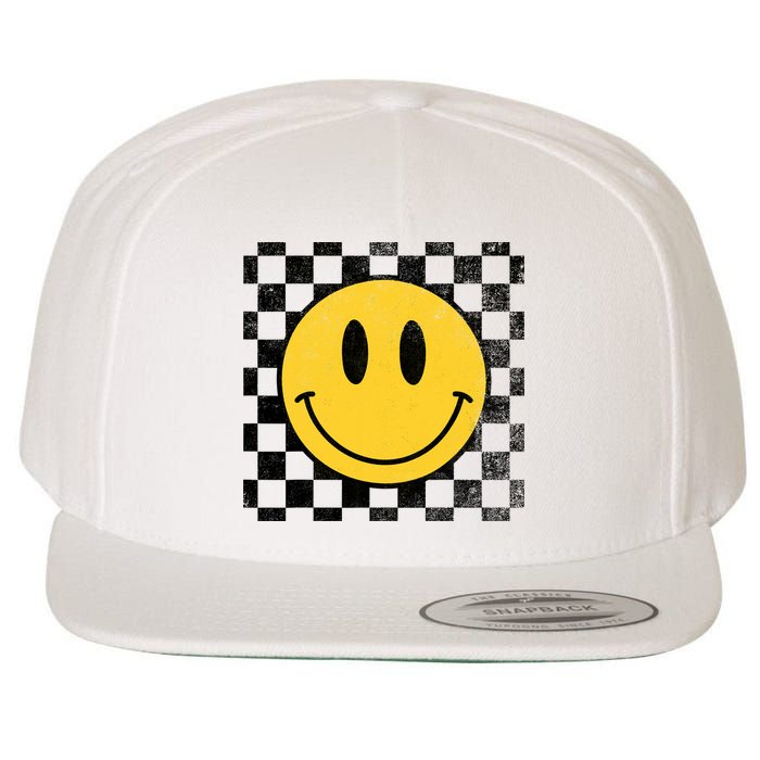 Retro Happy Face 70s Distressed Checkered Pattern Smile Face Wool Snapback Cap