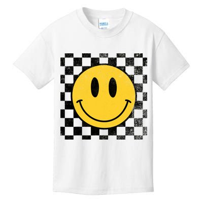 Retro Happy Face 70s Distressed Checkered Pattern Smile Face Kids T-Shirt