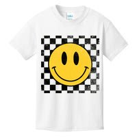 Retro Happy Face 70s Distressed Checkered Pattern Smile Face Kids T-Shirt