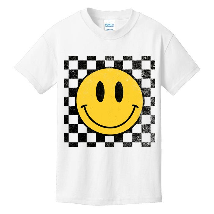 Retro Happy Face 70s Distressed Checkered Pattern Smile Face Kids T-Shirt