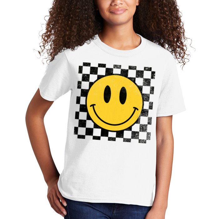 Retro Happy Face 70s Distressed Checkered Pattern Smile Face Kids T-Shirt