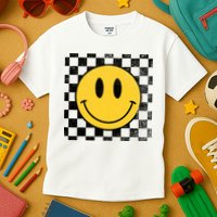 Retro Happy Face 70s Distressed Checkered Pattern Smile Face Kids T-Shirt
