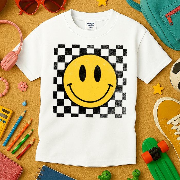Retro Happy Face 70s Distressed Checkered Pattern Smile Face Kids T-Shirt