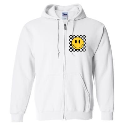 Retro Happy Face 70s Distressed Checkered Pattern Smile Face Full Zip Hoodie