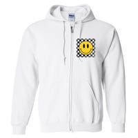 Retro Happy Face 70s Distressed Checkered Pattern Smile Face Full Zip Hoodie