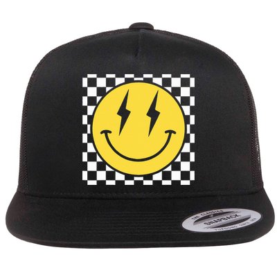 Retro Happy Face Distressed Checkered Pattern Smile Face Flat Bill Trucker Hat