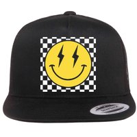 Retro Happy Face Distressed Checkered Pattern Smile Face Flat Bill Trucker Hat