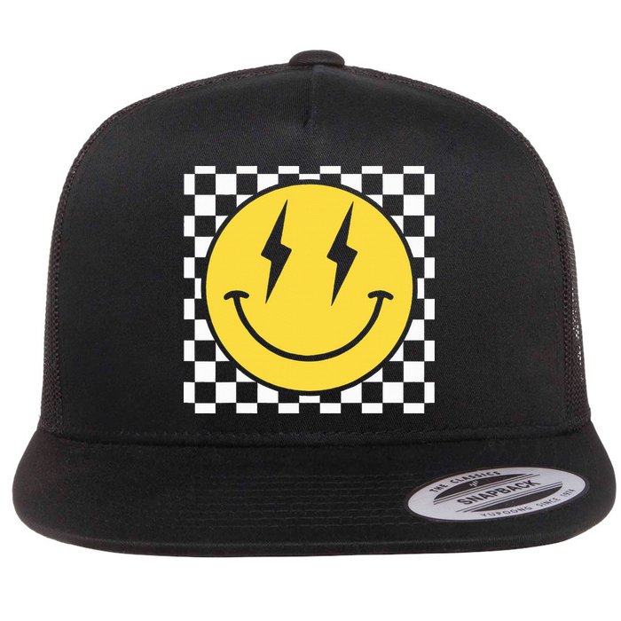 Retro Happy Face Distressed Checkered Pattern Smile Face Flat Bill Trucker Hat