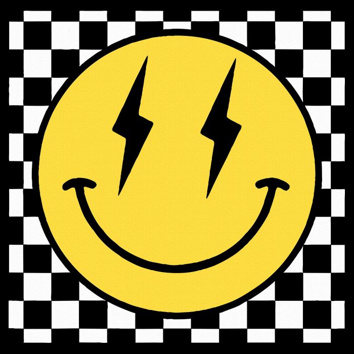 Retro Happy Face Distressed Checkered Pattern Smile Face Flat Bill Trucker Hat