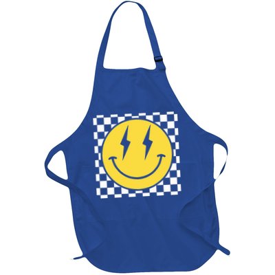 Retro Happy Face Distressed Checkered Pattern Smile Face Full-Length Apron With Pockets