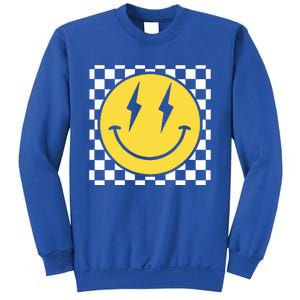 Retro Happy Face Distressed Checkered Pattern Smile Face Sweatshirt