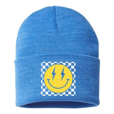 Retro Happy Face Distressed Checkered Pattern Smile Face Sustainable Knit Beanie