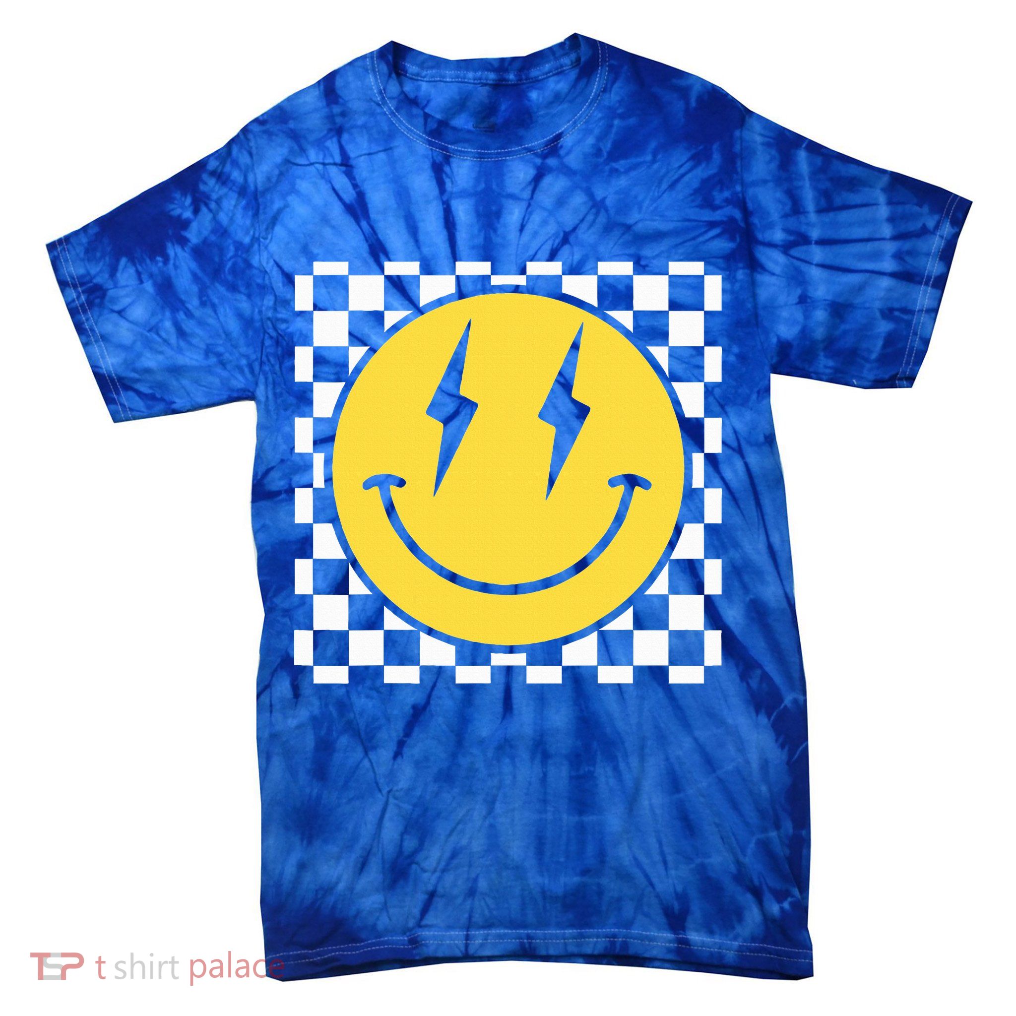 Retro Happy Face Distressed Checkered Pattern Smile Face Tie-Dye T-Shirt