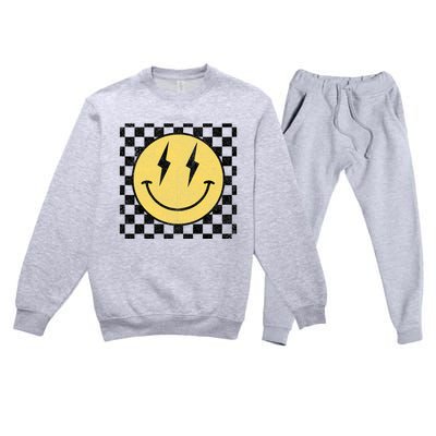 Retro Happy Face Checkered Pattern Smile Face Premium Crewneck Sweatsuit Set