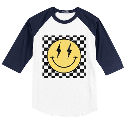 Retro Happy Face Checkered Pattern Smile Face Baseball Sleeve Shirt