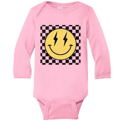 Retro Happy Face Checkered Pattern Smile Face Baby Long Sleeve Bodysuit