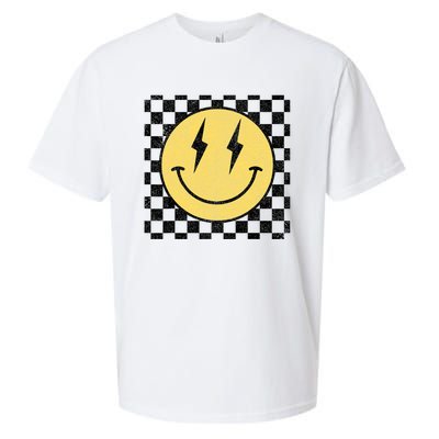 Retro Happy Face Checkered Pattern Smile Face Sueded Cloud Jersey T-Shirt