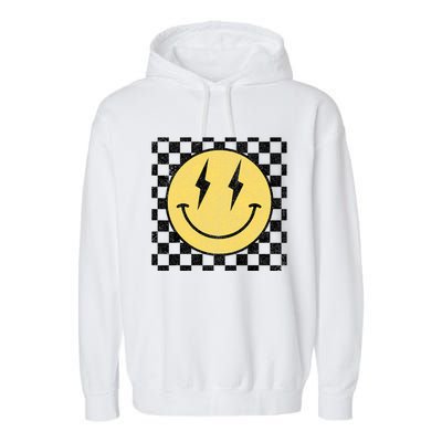 Retro Happy Face Checkered Pattern Smile Face Garment-Dyed Fleece Hoodie