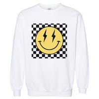 Retro Happy Face Checkered Pattern Smile Face Garment-Dyed Sweatshirt