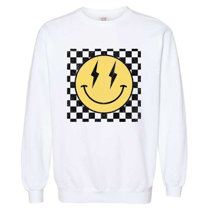 Retro Happy Face Checkered Pattern Smile Face Garment-Dyed Sweatshirt