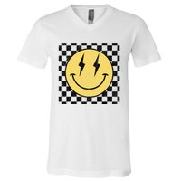 Retro Happy Face Checkered Pattern Smile Face V-Neck T-Shirt