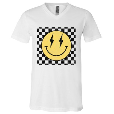 Retro Happy Face Checkered Pattern Smile Face V-Neck T-Shirt