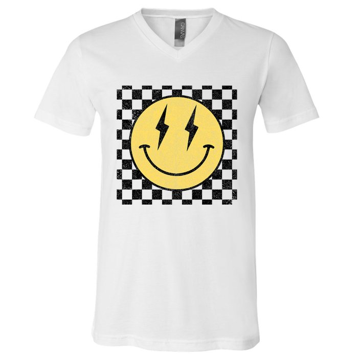 Retro Happy Face Checkered Pattern Smile Face V-Neck T-Shirt