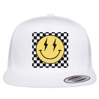 Retro Happy Face Checkered Pattern Smile Face Flat Bill Trucker Hat