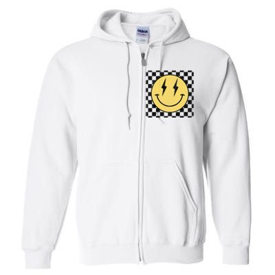 Retro Happy Face Checkered Pattern Smile Face Full Zip Hoodie