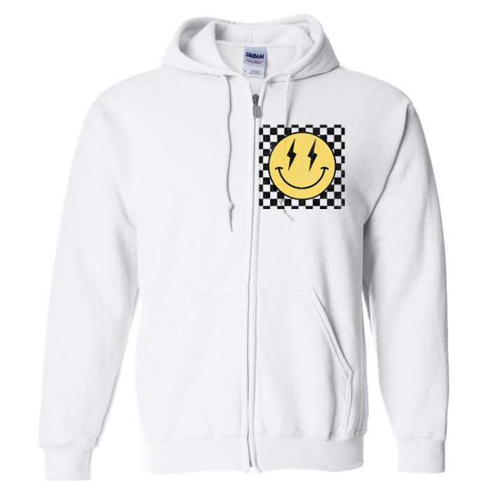 Retro Happy Face Checkered Pattern Smile Face Full Zip Hoodie