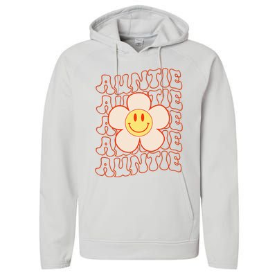 Retro Happy Face Aunt Auntie Groovy Daisy Flower Smile Face Performance Fleece Hoodie