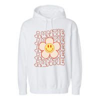 Retro Happy Face Aunt Auntie Groovy Daisy Flower Smile Face Garment-Dyed Fleece Hoodie