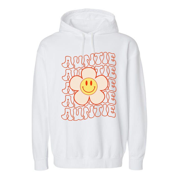 Retro Happy Face Aunt Auntie Groovy Daisy Flower Smile Face Garment-Dyed Fleece Hoodie