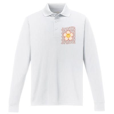 Retro Happy Face Aunt Auntie Groovy Daisy Flower Smile Face Performance Long Sleeve Polo