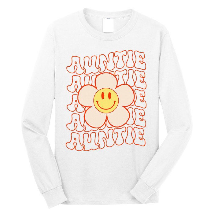 Retro Happy Face Aunt Auntie Groovy Daisy Flower Smile Face Long Sleeve Shirt