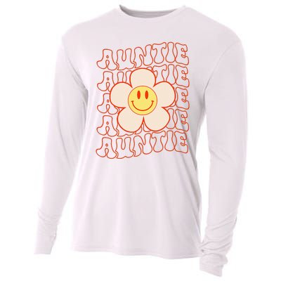 Retro Happy Face Aunt Auntie Groovy Daisy Flower Smile Face Cooling Performance Long Sleeve Crew