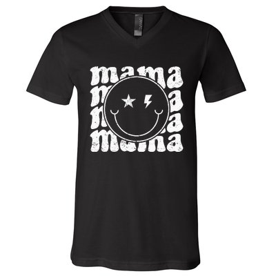 Retro Happy Face Mama Groovy Trendy New Mom Smile Face V-Neck T-Shirt