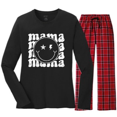 Retro Happy Face Mama Groovy Trendy New Mom Smile Face Women's Long Sleeve Flannel Pajama Set 