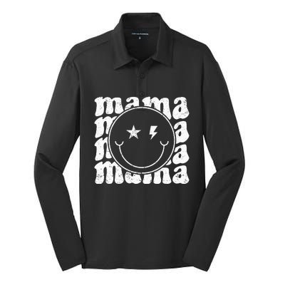 Retro Happy Face Mama Groovy Trendy New Mom Smile Face Silk Touch Performance Long Sleeve Polo