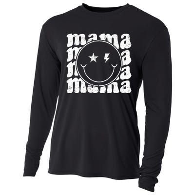 Retro Happy Face Mama Groovy Trendy New Mom Smile Face Cooling Performance Long Sleeve Crew