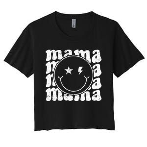 Retro Happy Face Mama Groovy Trendy New Mom Smile Face Women's Crop Top Tee