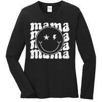 Retro Happy Face Mama Groovy Trendy New Mom Smile Face Ladies Long Sleeve Shirt