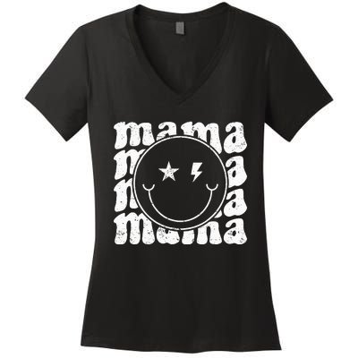 Retro Happy Face Mama Groovy Trendy New Mom Smile Face Women's V-Neck T-Shirt