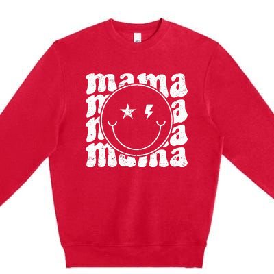 Retro Happy Face Mama Groovy Trendy New Mom Smile Face Premium Crewneck Sweatshirt