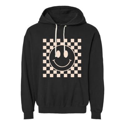 Retro Happy Face Checkered Pattern Garment-Dyed Fleece Hoodie